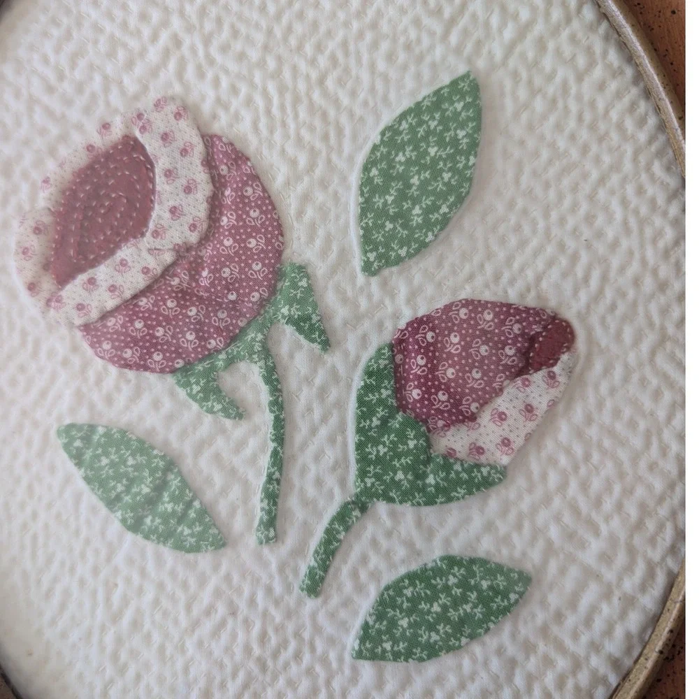 Vtg Handmade Framed Fabric Art Blue Pink Quilted Floral Cottagecore Set of 2